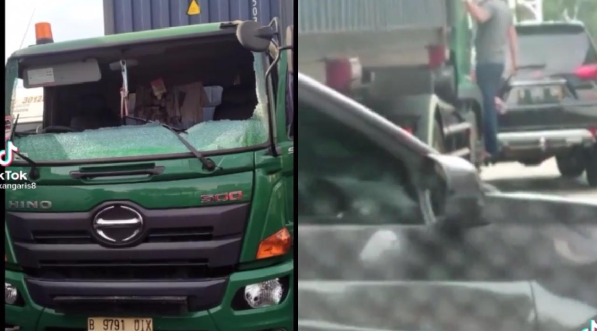 VIRALVIDEO PENGENDARA PAJERO PECAHKAN KACA TRUK KONTAINER